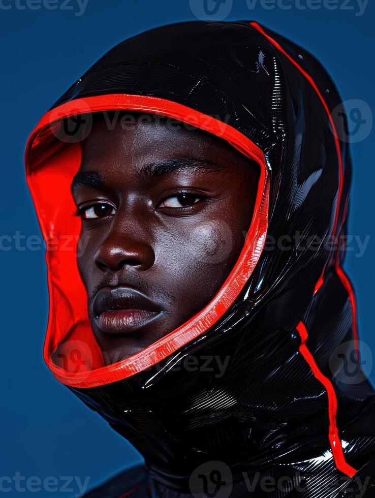 Close up portrait of a person wearing a black and red hooded jacket photo