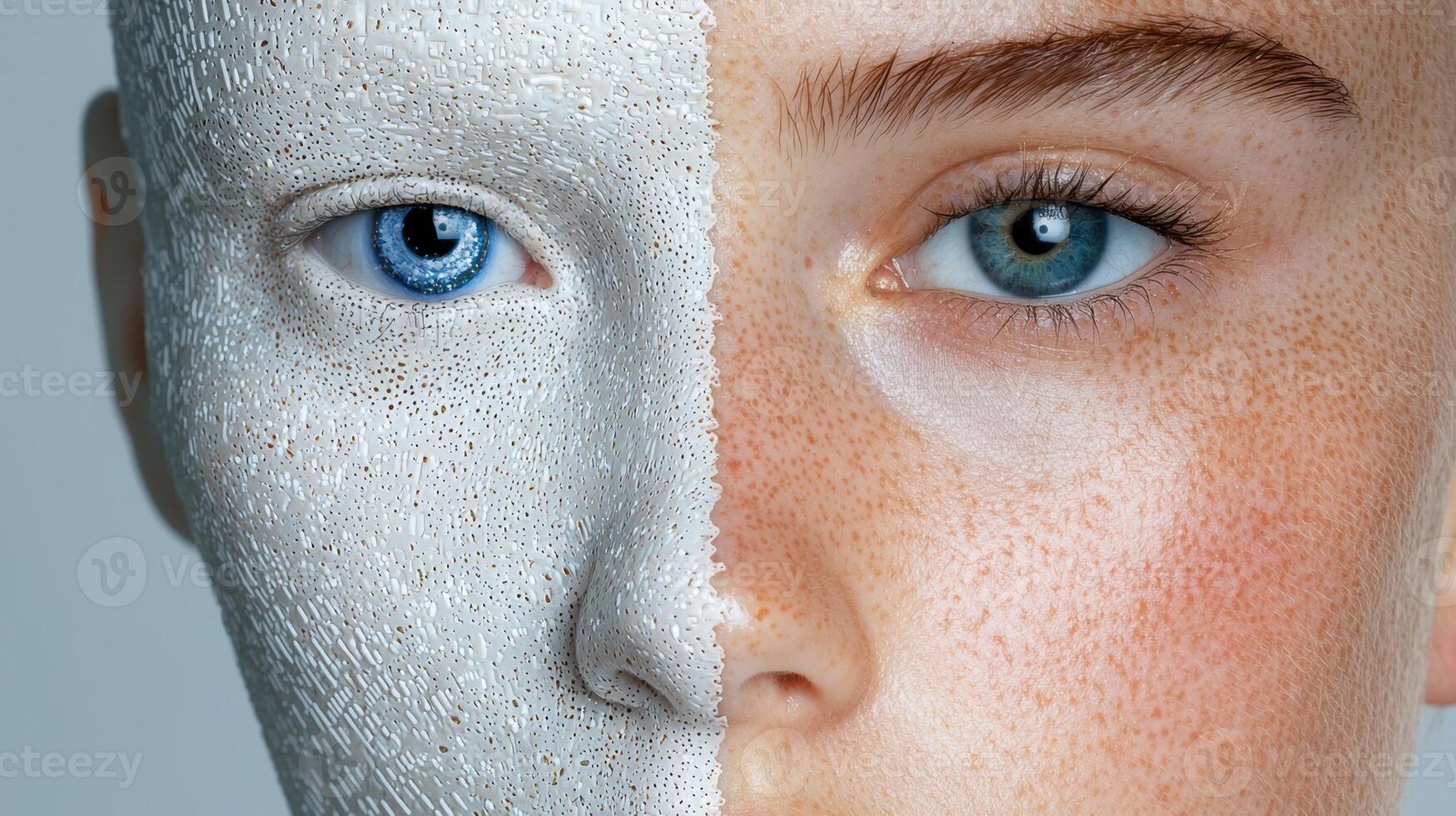 Half human, half robot face with blue eyes photo