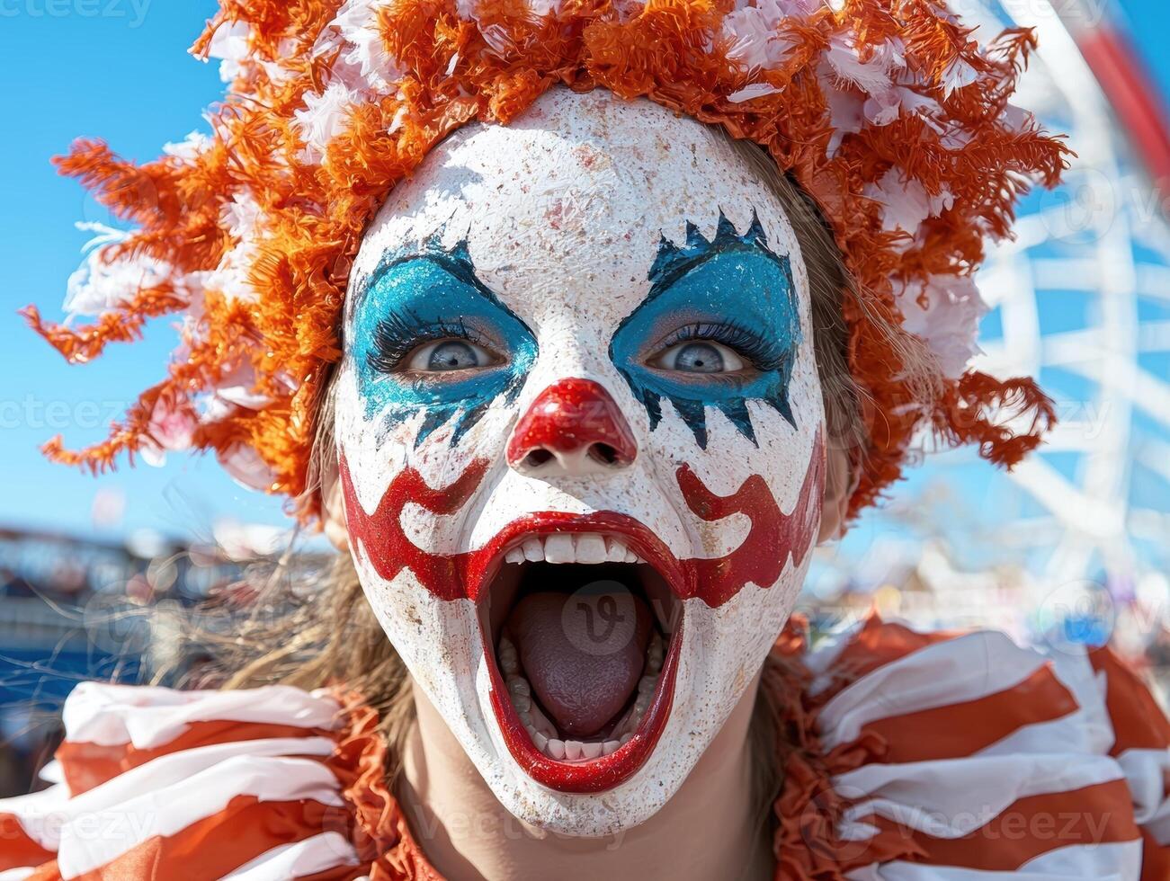Close up of a girl in a clown costume with exaggerated makeup, screaming photo