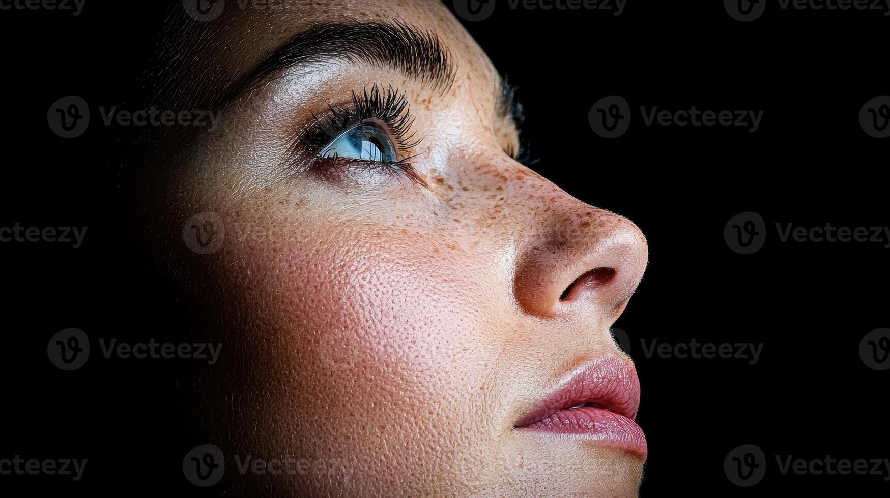 Close up profile of a woman with freckles and blue eyes looking up photo
