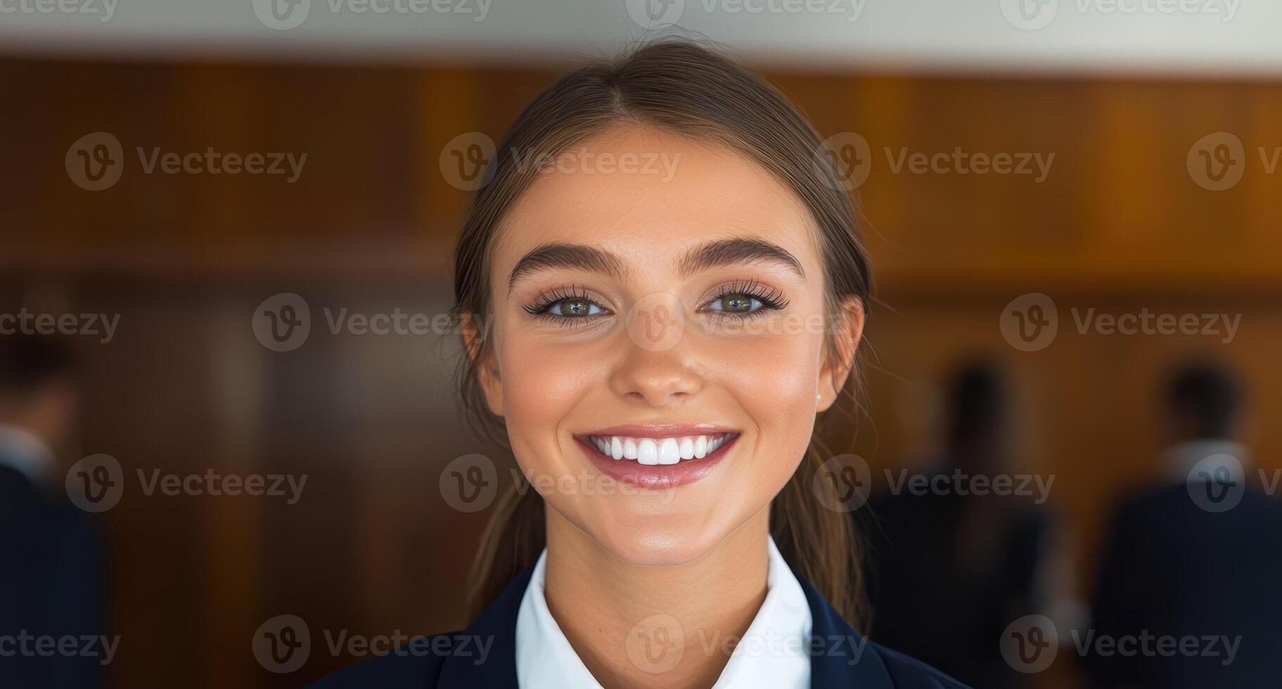 Smiling businesswoman in a corporate setting photo