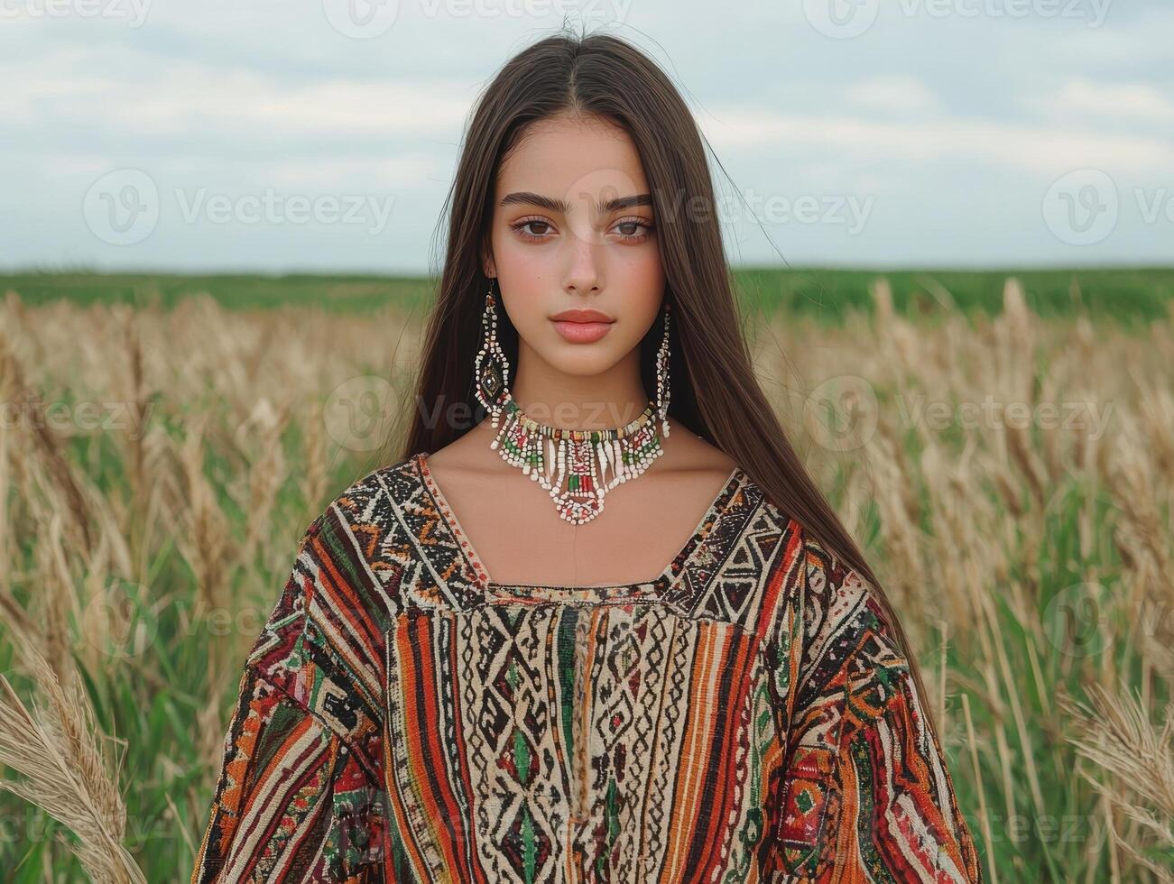 Woman in ethnic clothing standing in a field photo
