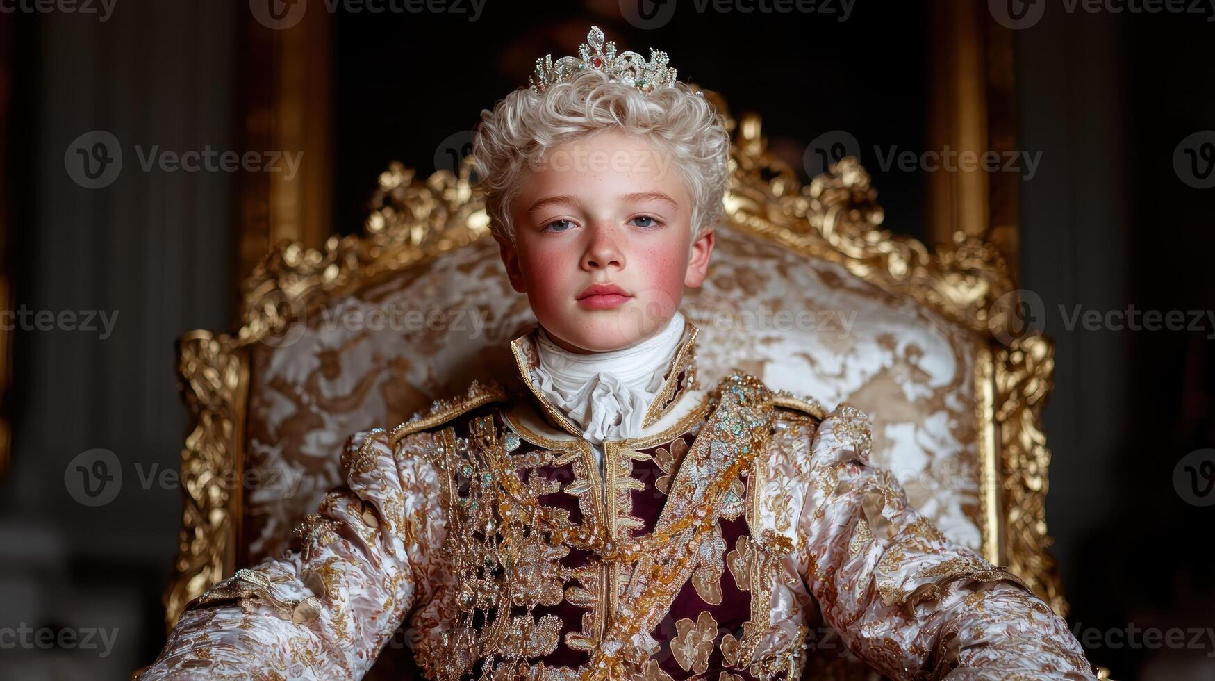 Young boy king in royal attire sitting on a golden throne photo