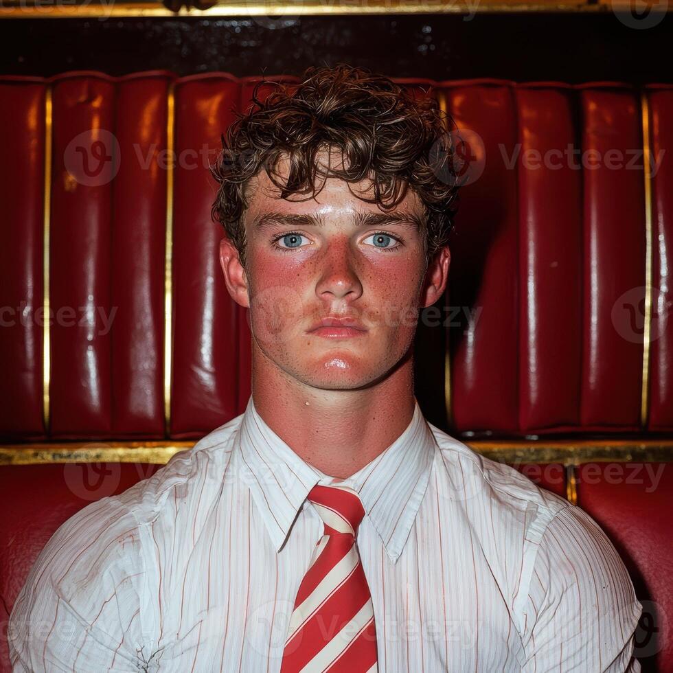 Young man in a white shirt and red tie sits in a red booth photo