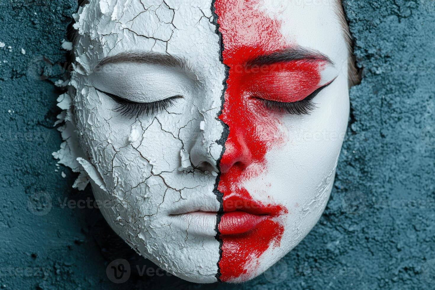 Closeup of a womans face with half white cracked paint and half red paint photo
