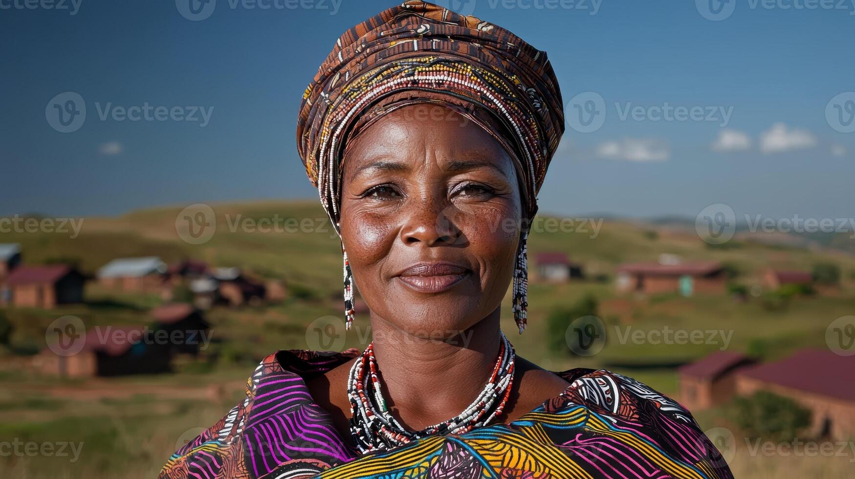 Portrait of a woman in traditional African clothing and headwrap photo