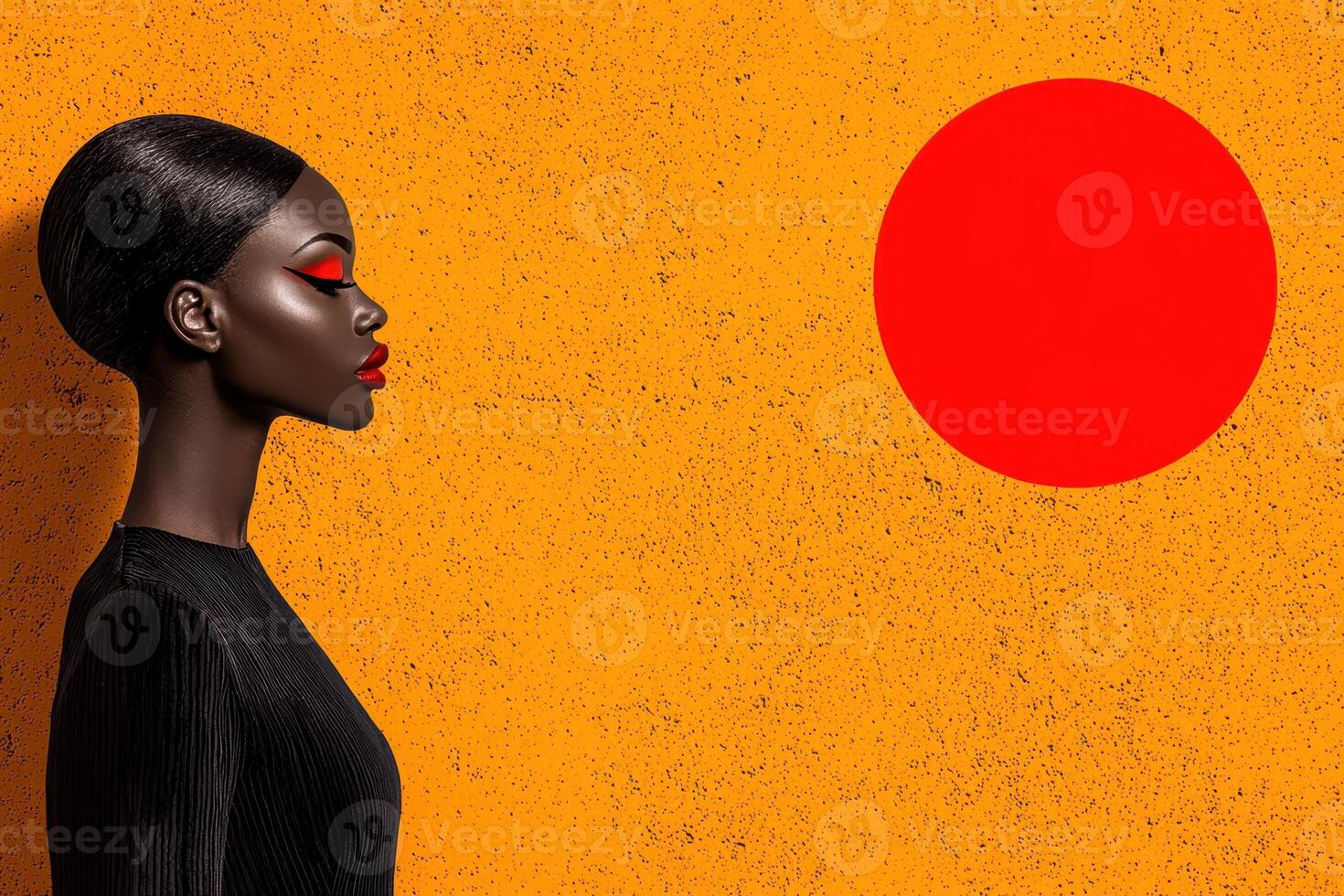 Profile of a woman with red accents in her makeup against a yellow background photo