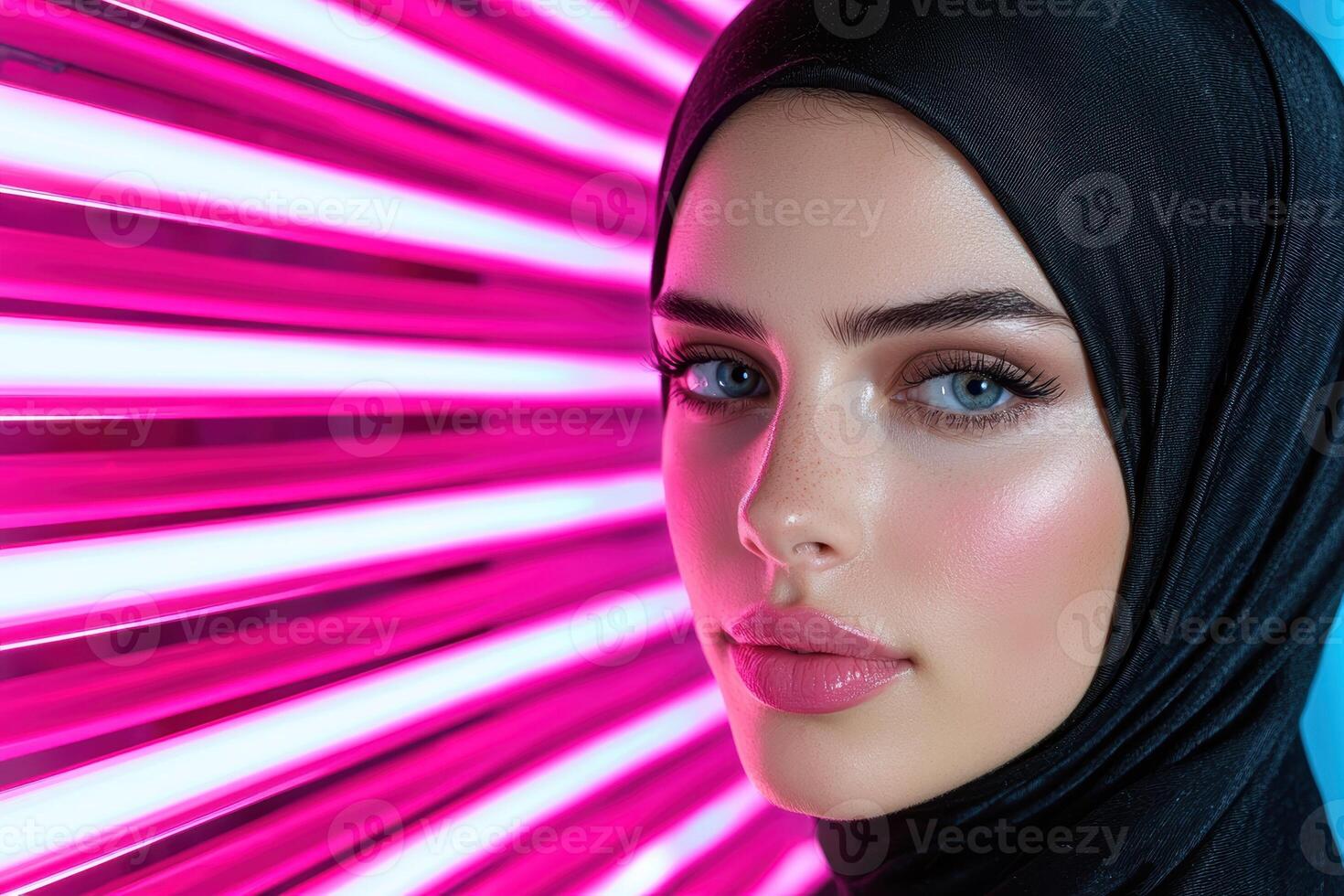 Close up portrait of a woman wearing a hijab against a pink neon light background photo