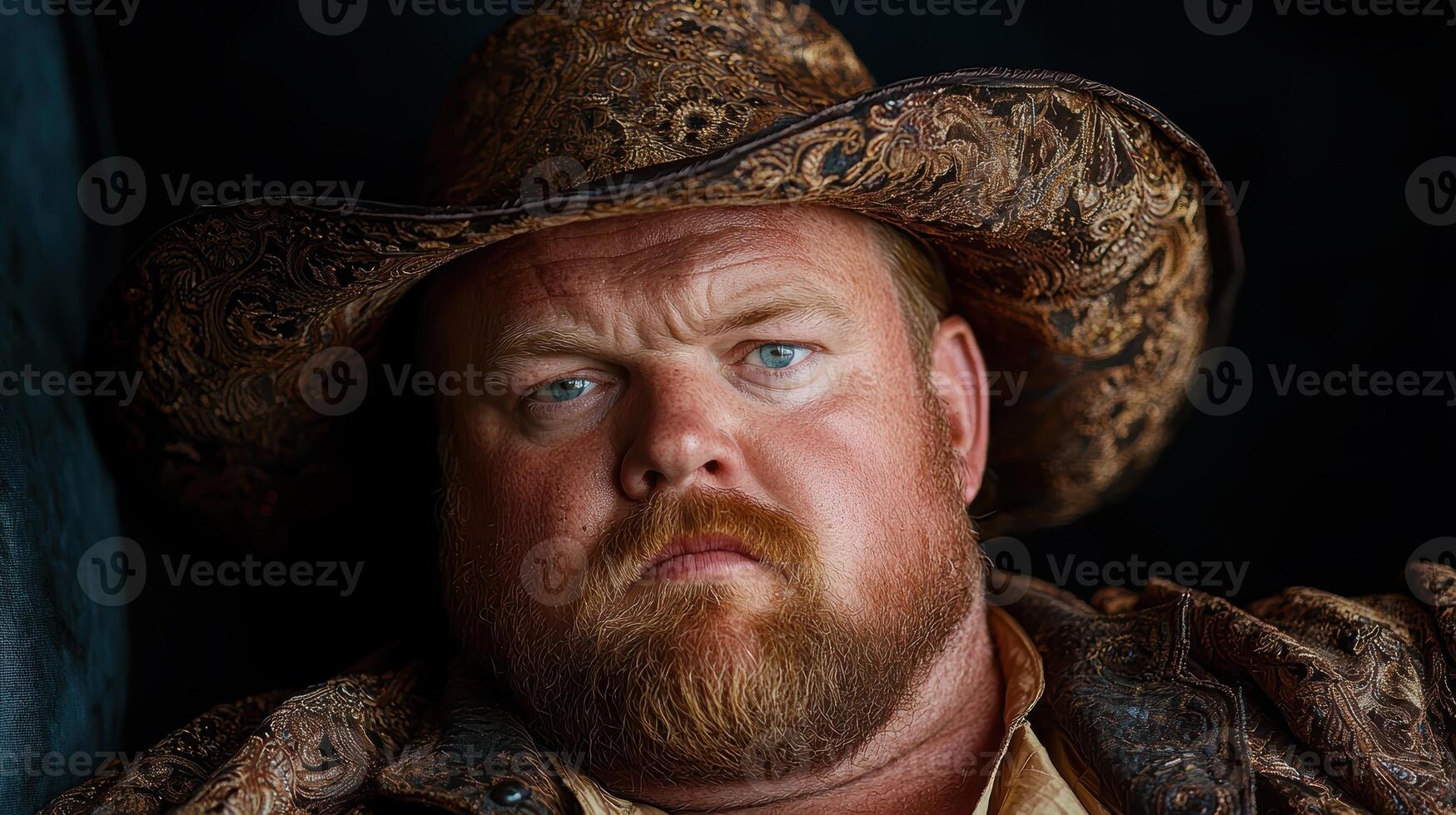 Close up portrait of a man with a beard wearing a cowboy hat photo