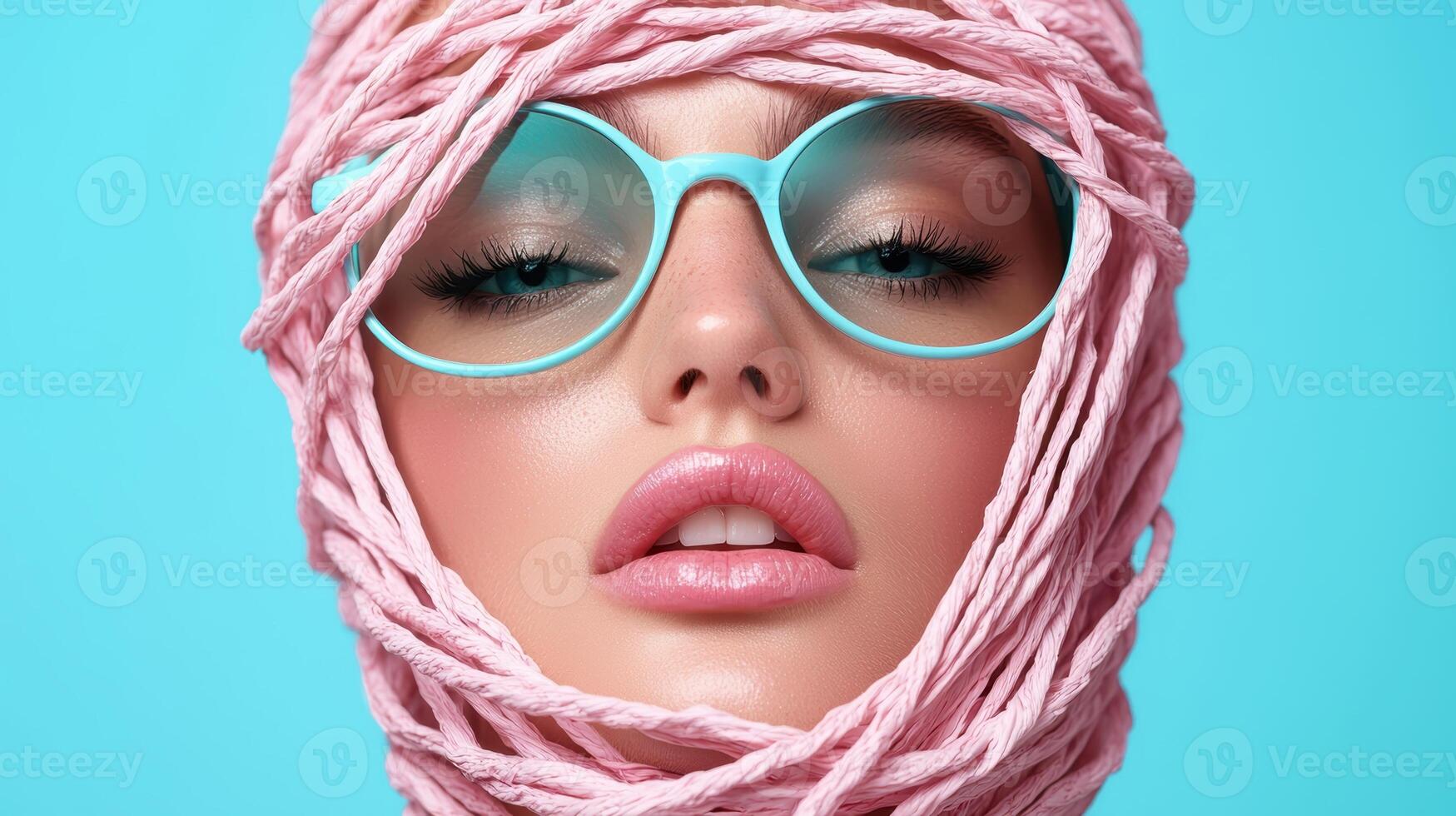Closeup portrait of a woman with pink yarn around her head and light blue glasses photo