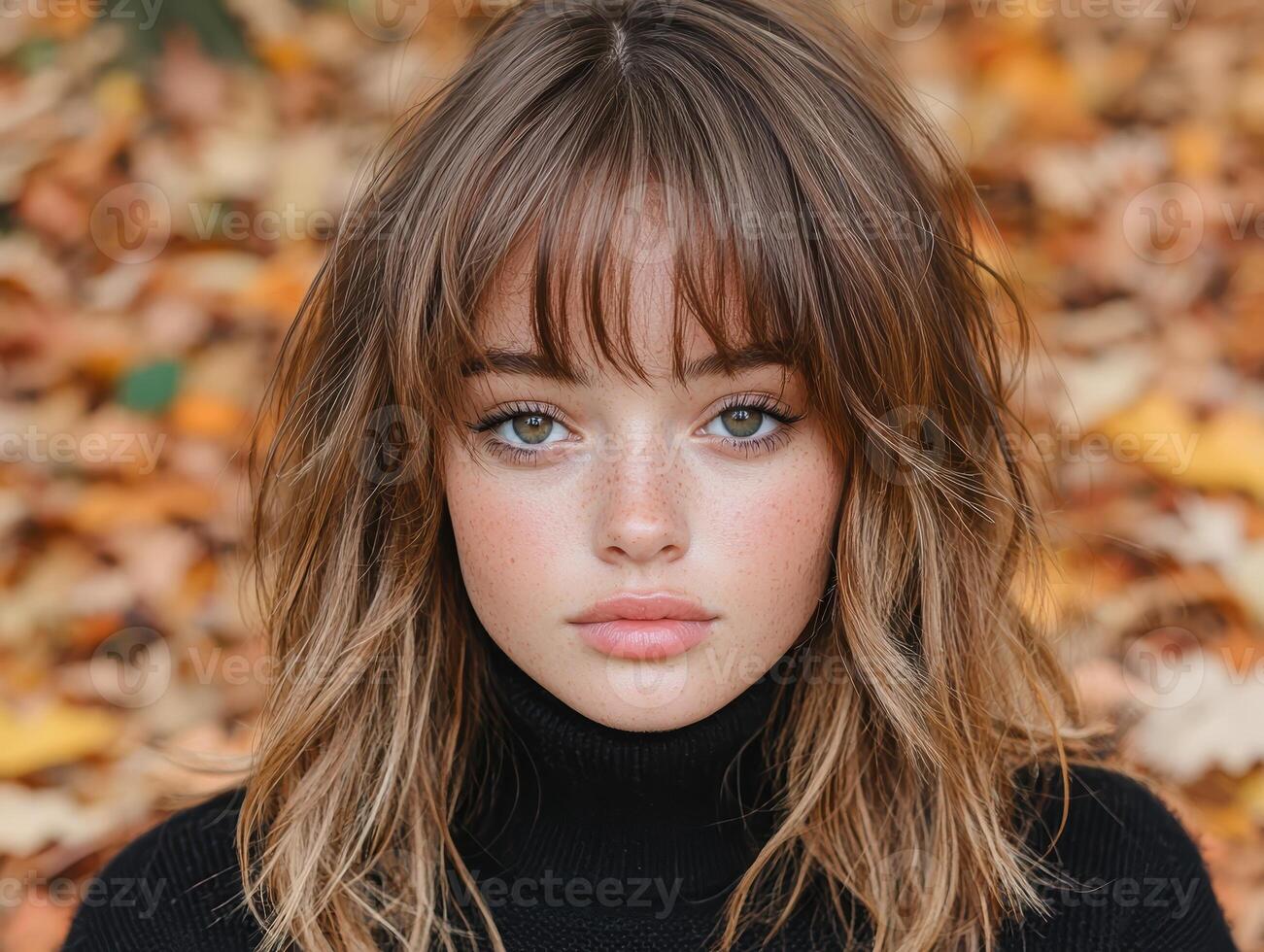 A close up portrait of a young woman with freckles and brown hair. photo