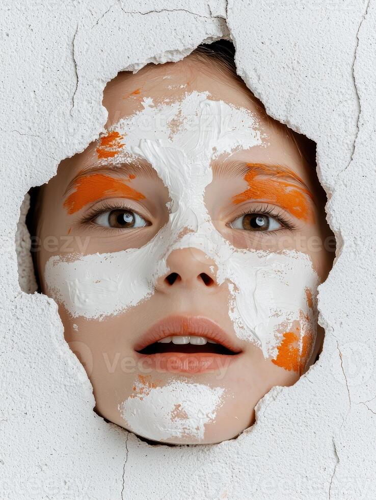 Girl with paint on her face looking through a hole in a wall photo