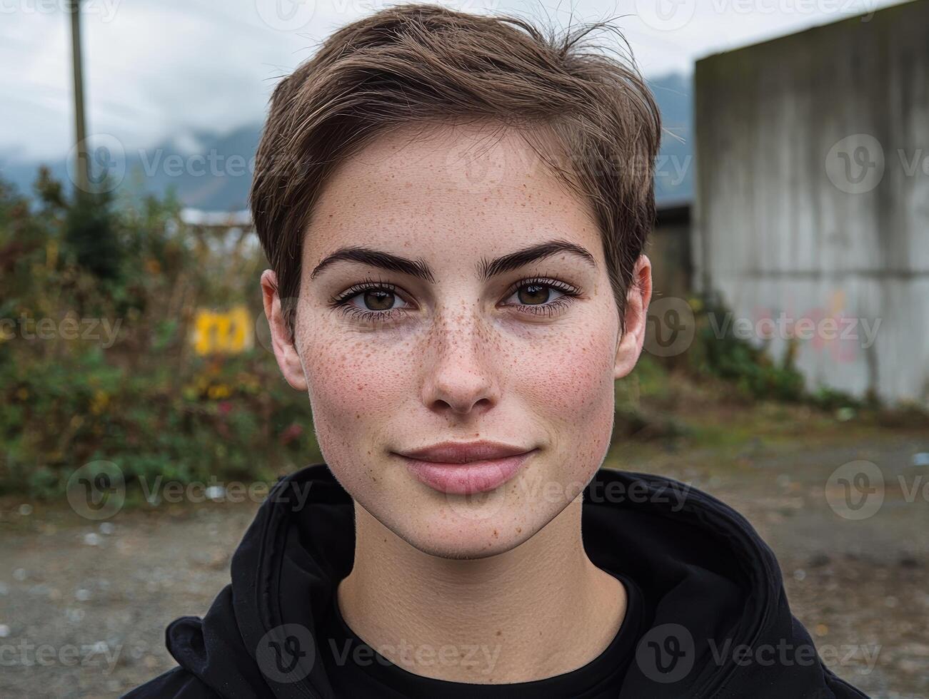 Close up portrait of a young woman with freckles and short hair. photo