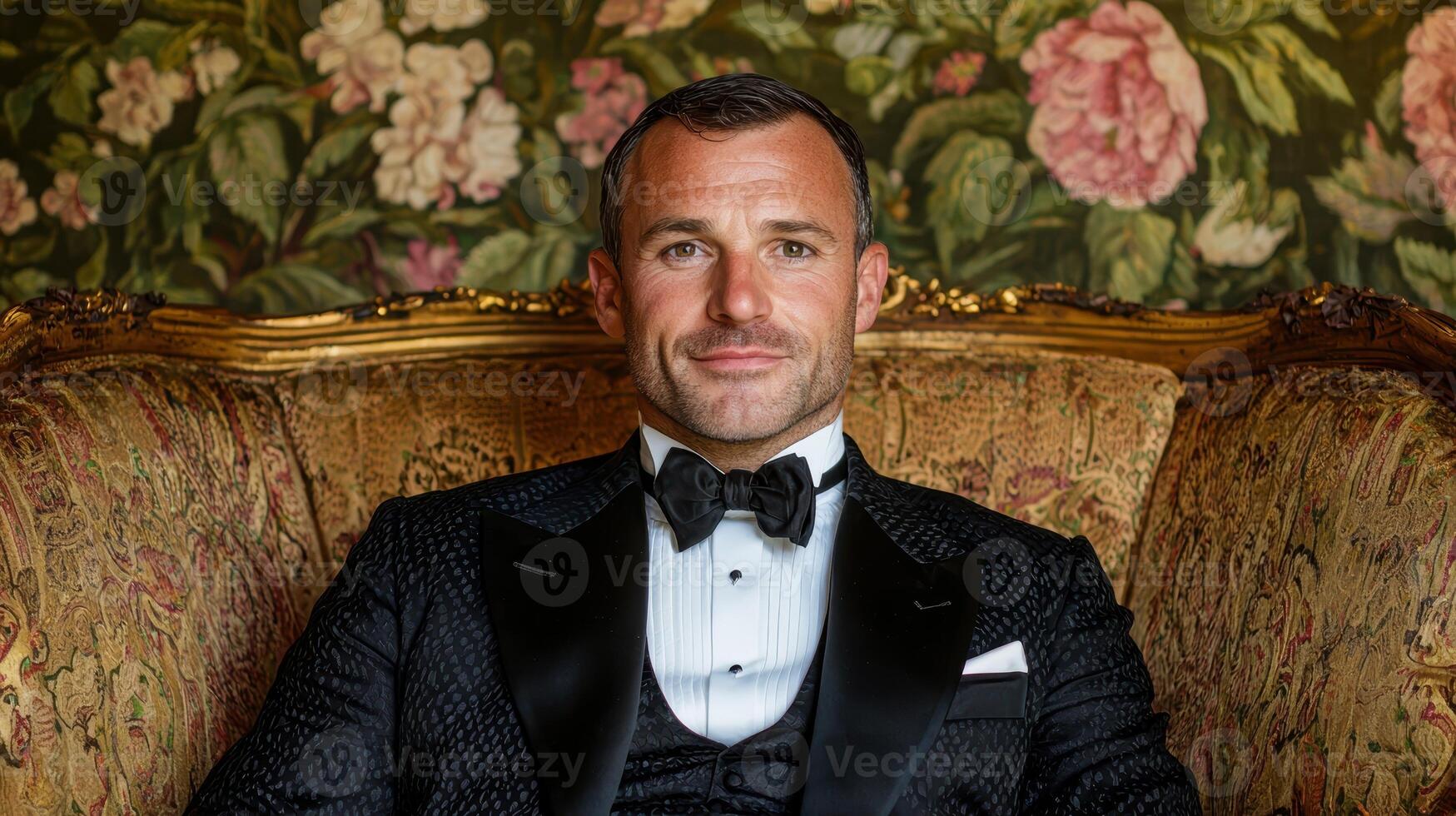 Elegant man in tuxedo sitting on an antique chair photo
