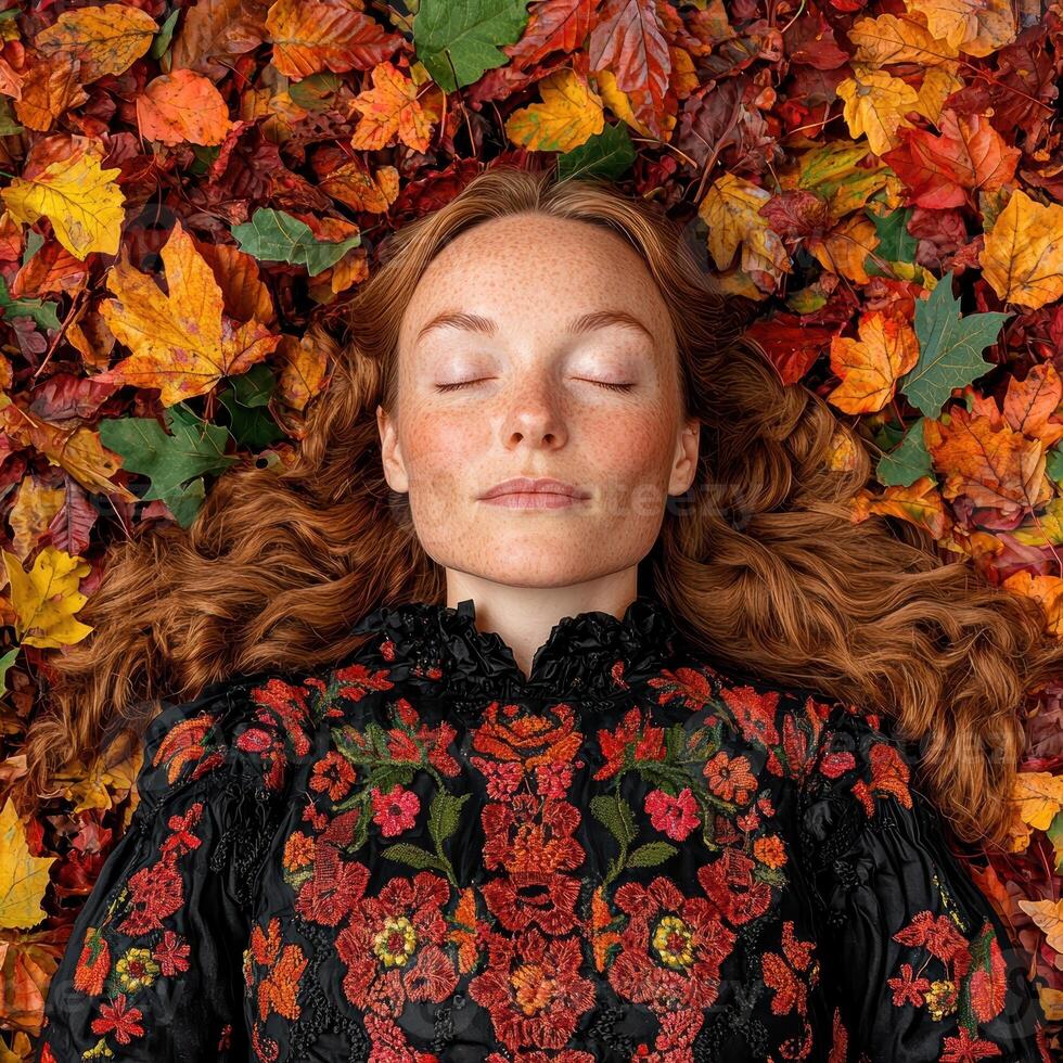 Redhead woman sleeping in autumn leaves photo