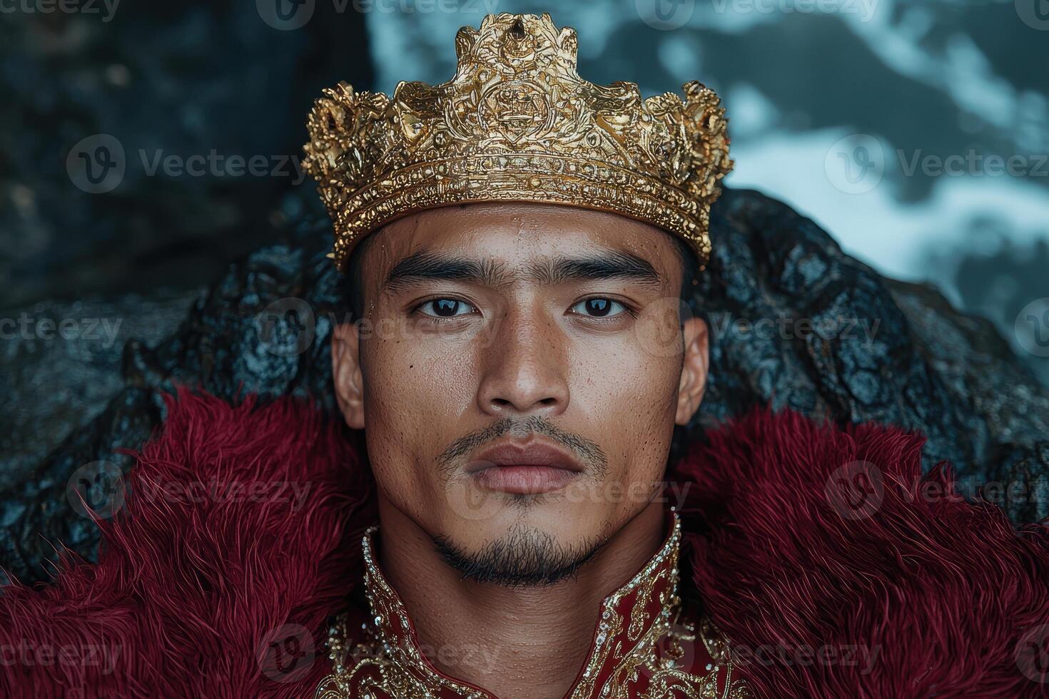 Portrait of a king in a golden crown and red fur robe photo