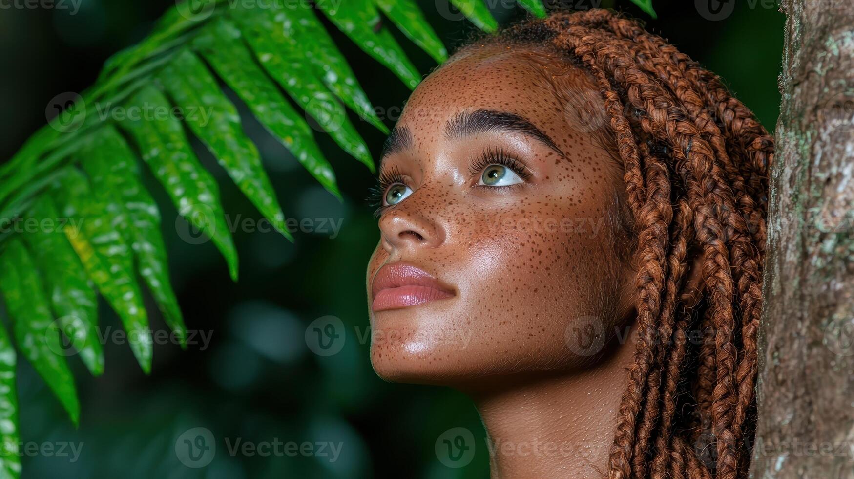 Woman with freckles and braids looking up photo