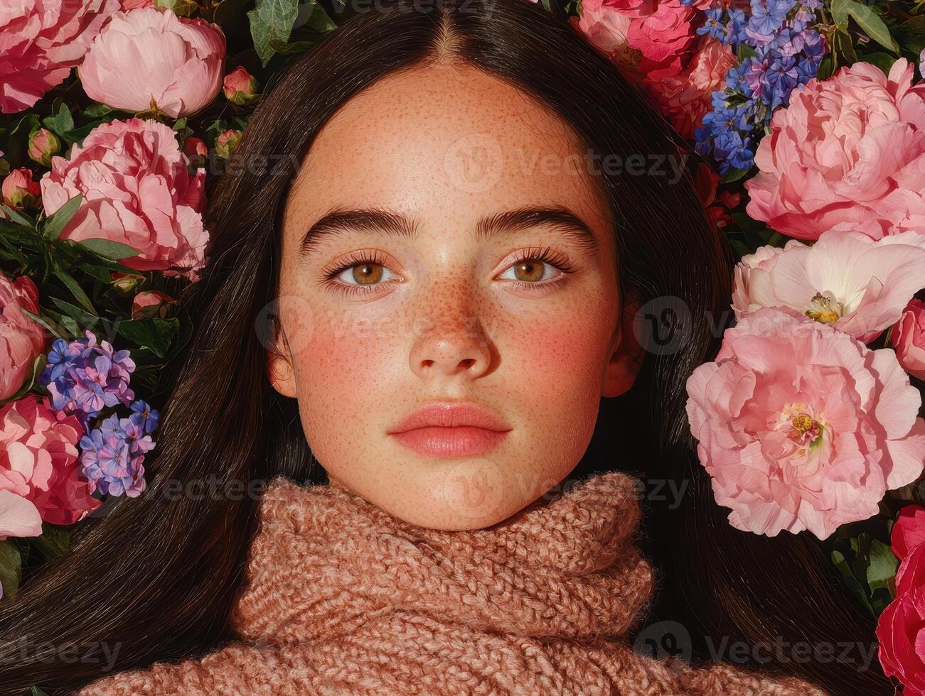 Beautiful girl with freckles surrounded by pink flowers photo
