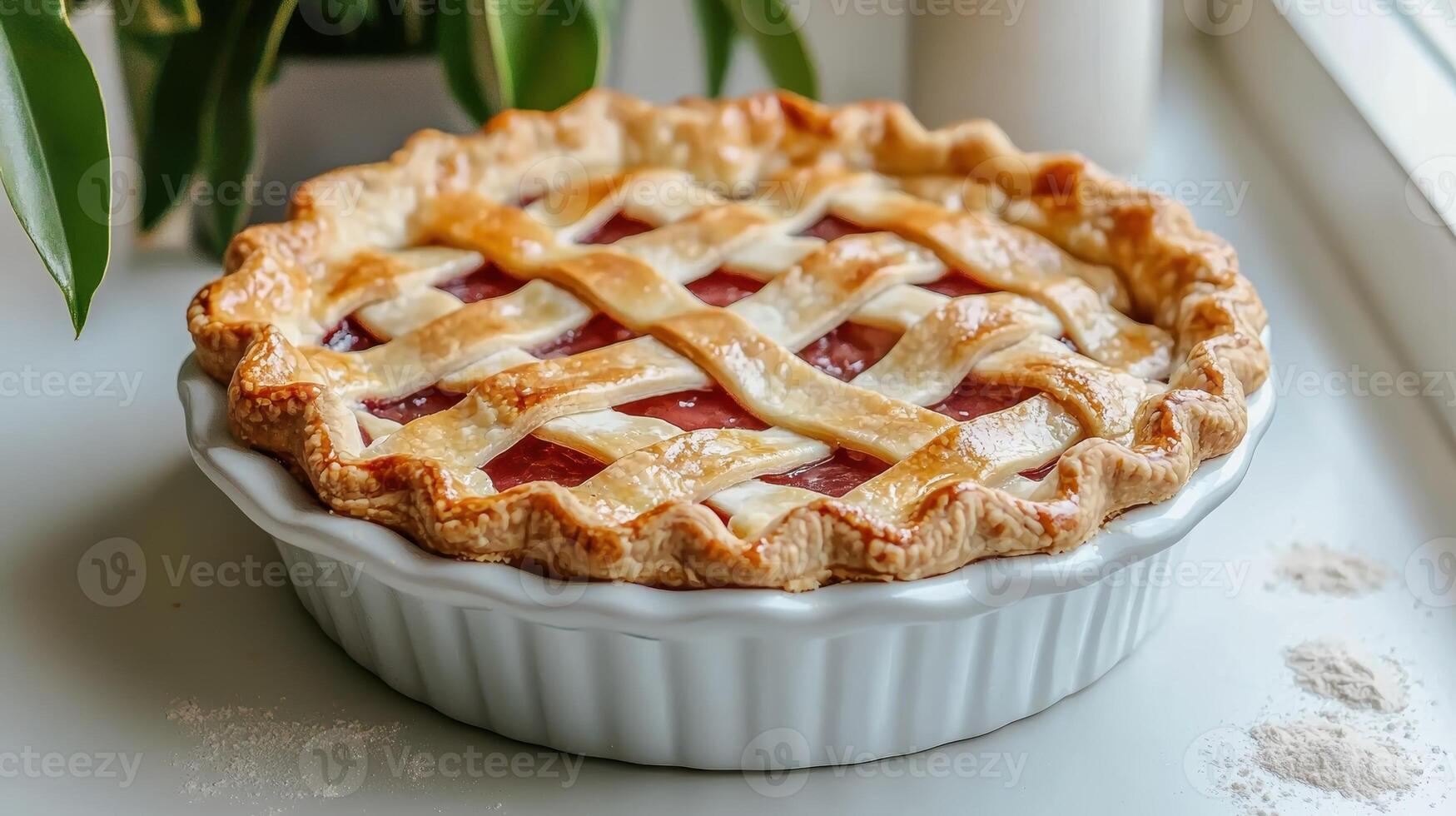 Delicious homemade lattice top cherry pie in a white ceramic dish photo