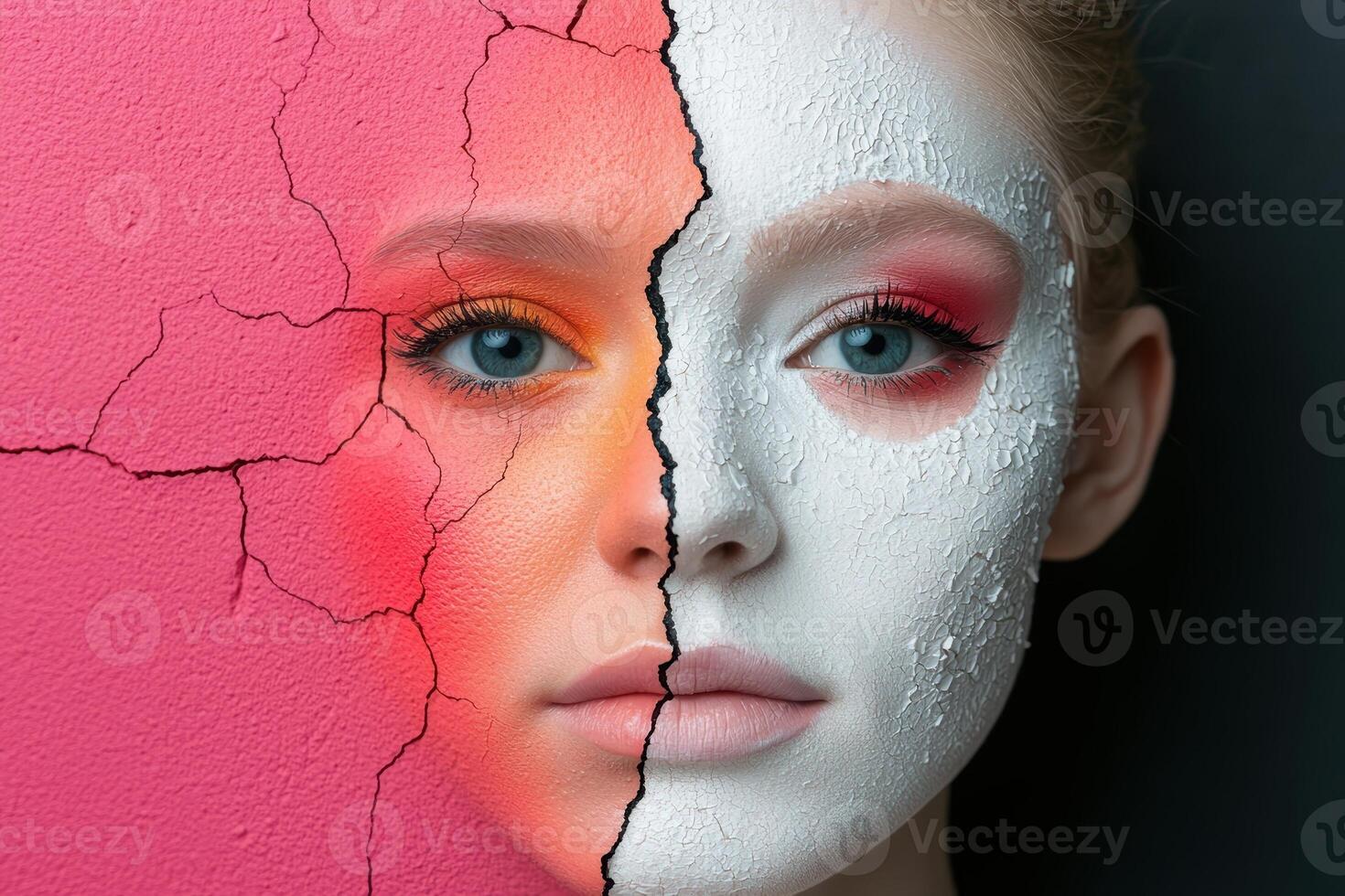 Close up of a womans face with half of her face painted in cracked, vibrant colors and the other half in white cracked paint photo