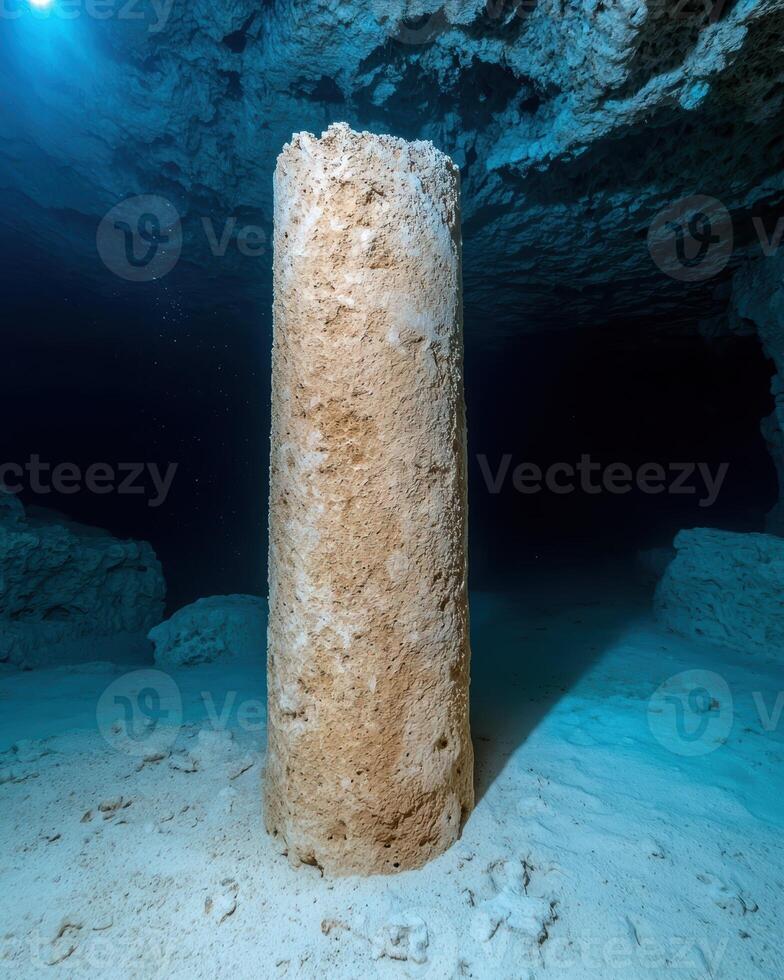 Mysterious underwater stone pillar in a submerged cave photo