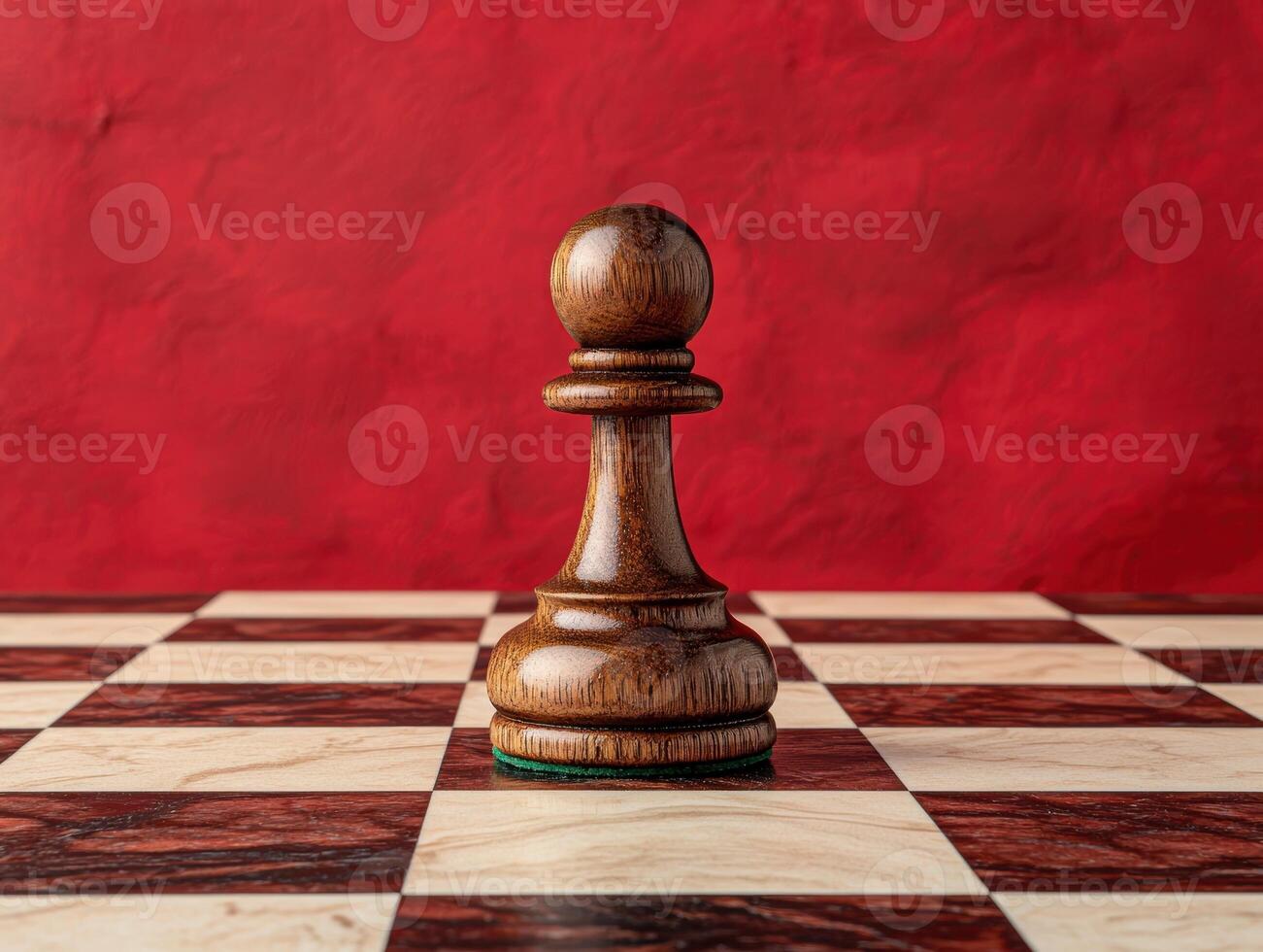Single wooden chess pawn on a chessboard against a red background photo