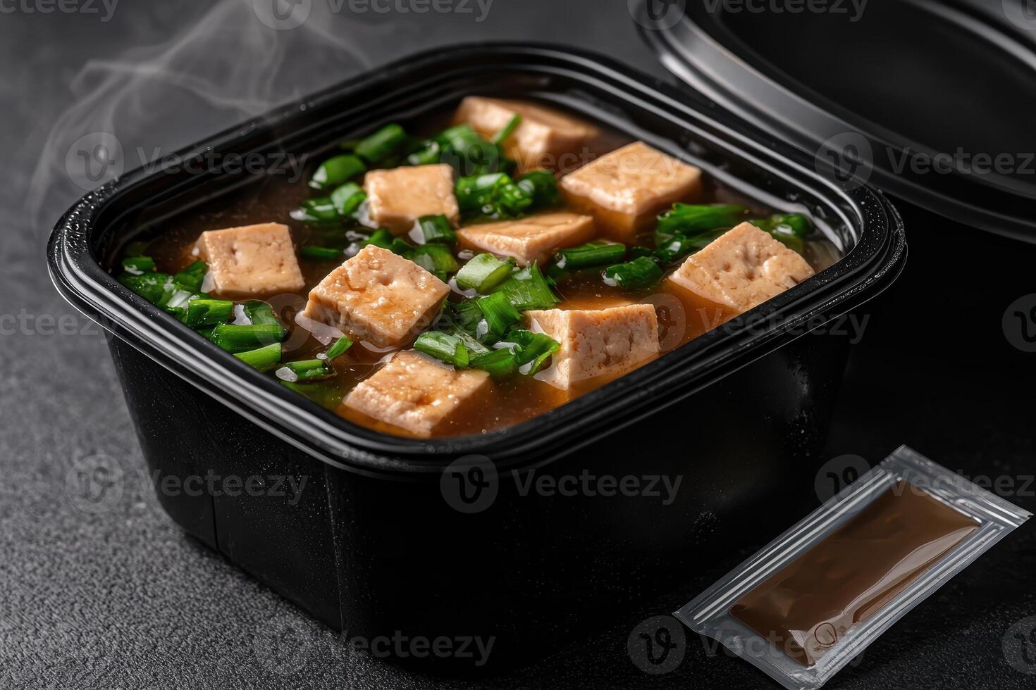 Delicious tofu soup in a black container with green onions photo