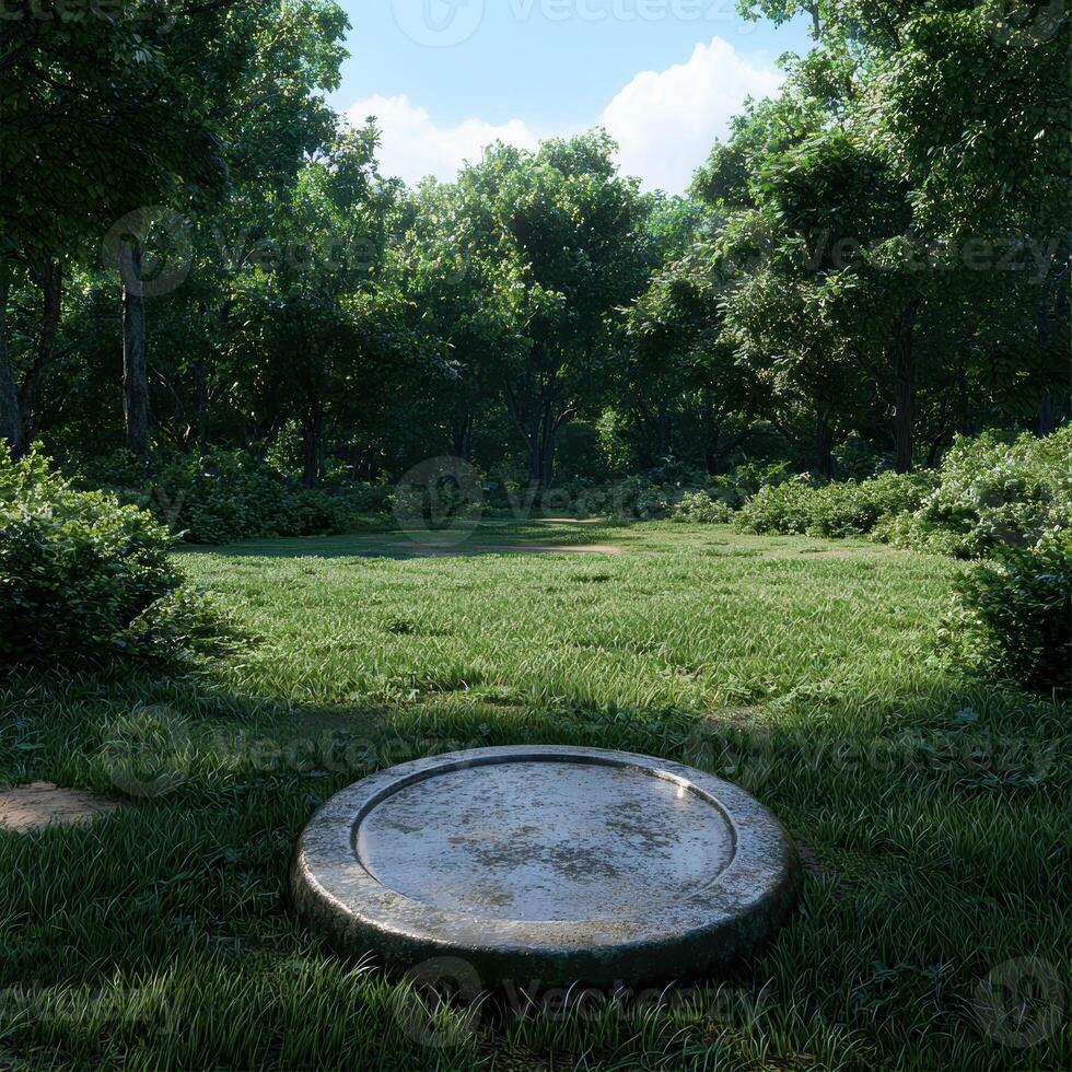 Stone pedestal in a lush green forest clearing photo