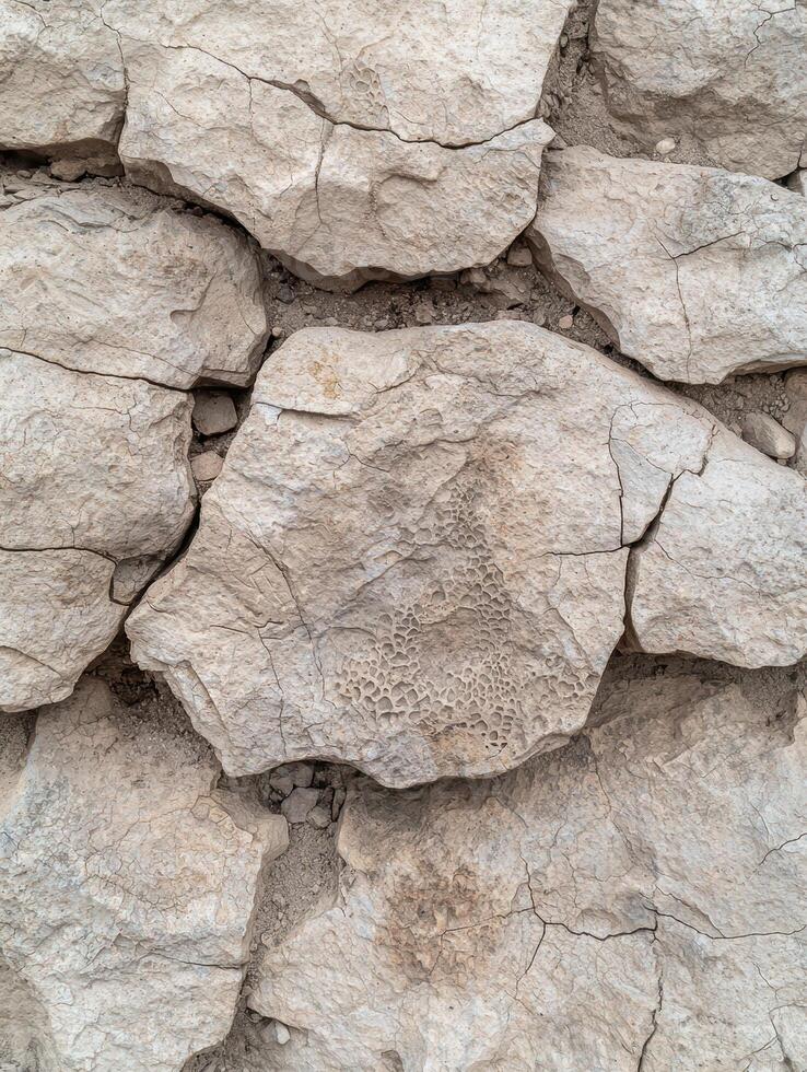 Close up of cracked and weathered rock surface with textured patterns photo