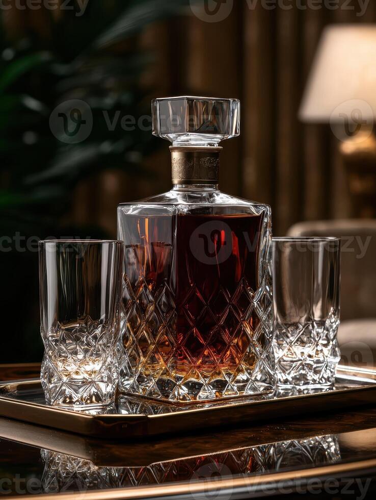 Crystal decanter of amber liquor with two glasses on a wooden tray. photo