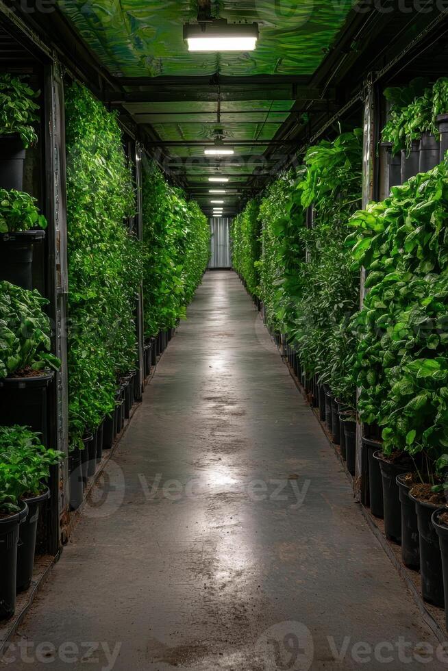Indoor vertical farm with rows of plants in pots photo