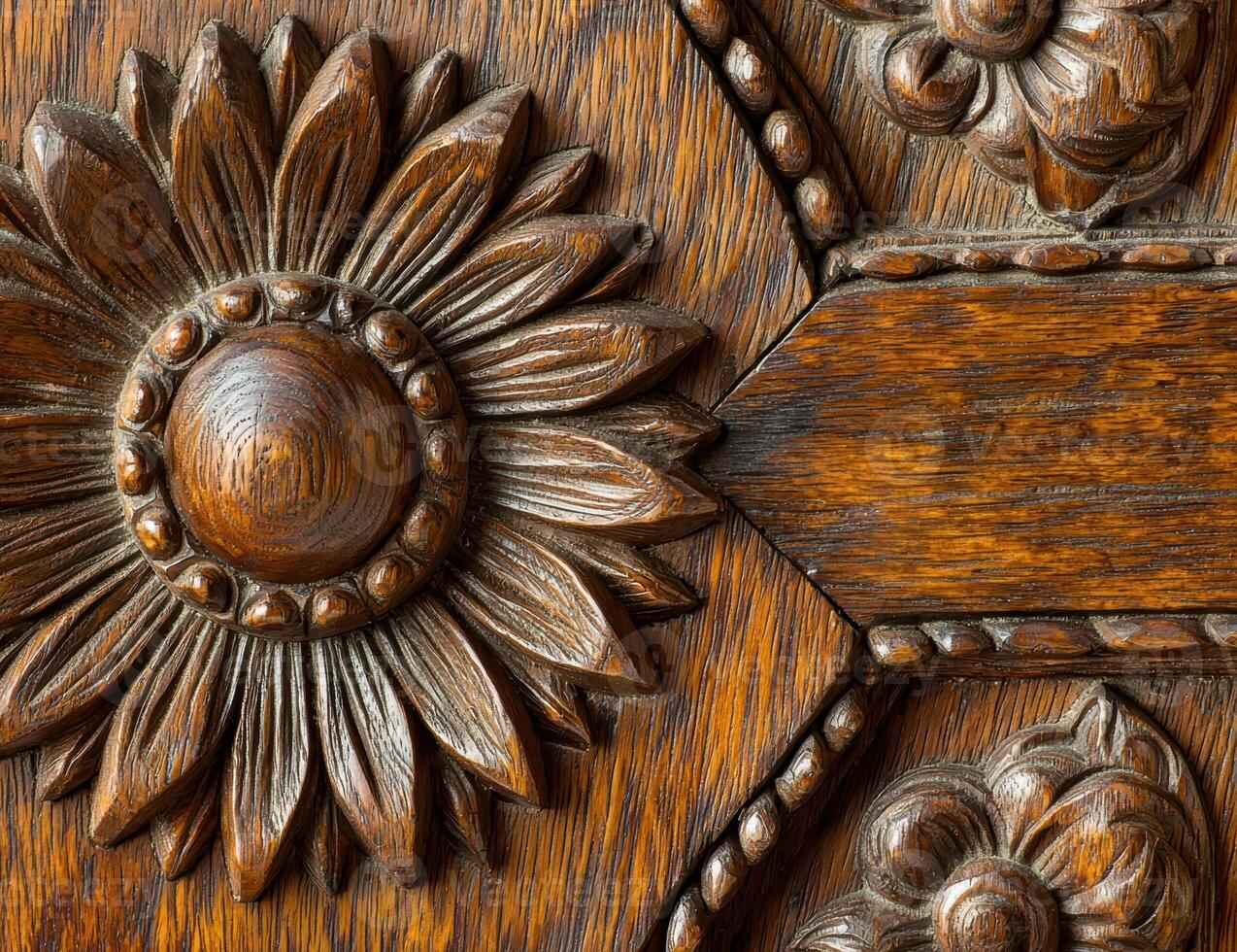Intricate sunflower wood carving detail on antique wooden door photo