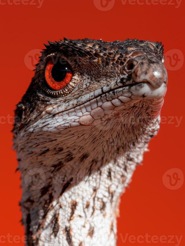Close up of a reptile with vibrant red eyes photo