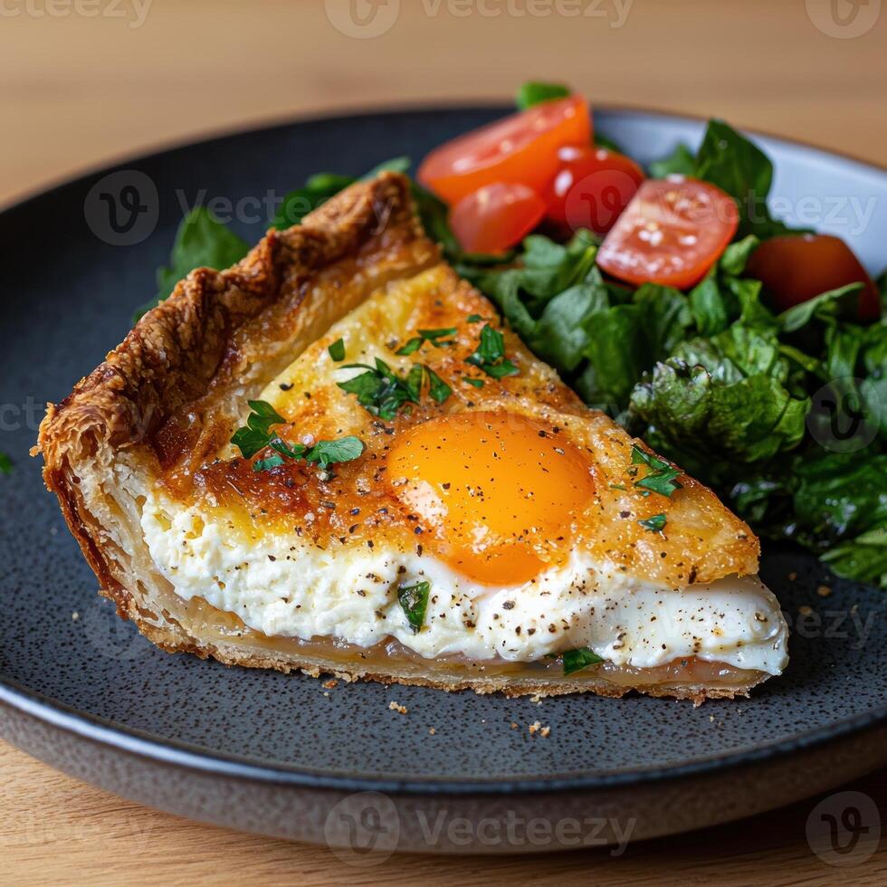 Delicious egg and cheese quiche served with a side salad photo