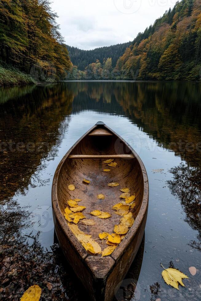 Wooden canoe on calm lake in autumn photo