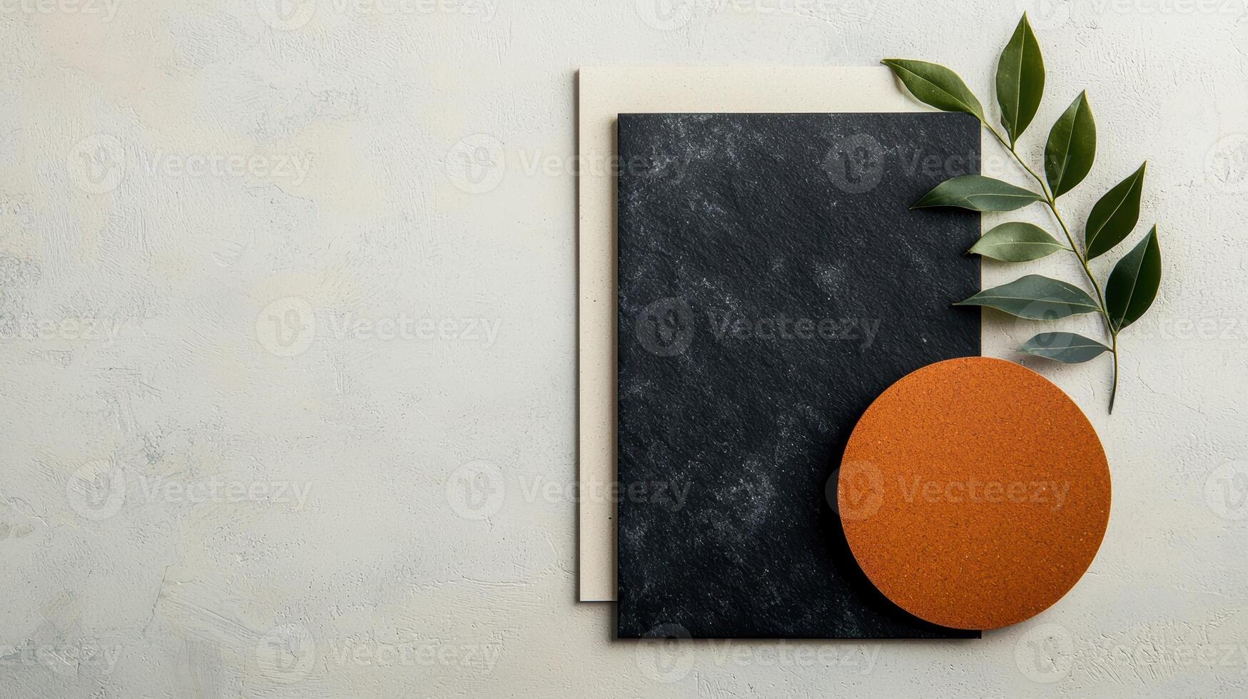 Abstract flatlay composition with dark stone, beige rectangle, and terracotta circle photo