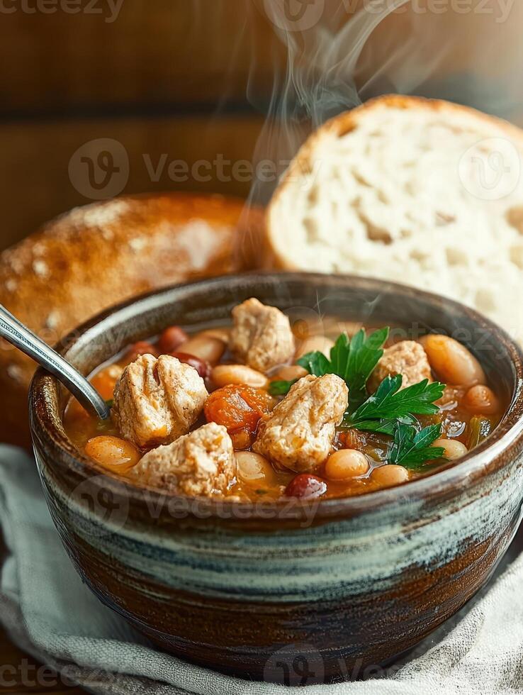 A hearty bowl of stew with chunks of meat and beans, served with crusty bread photo