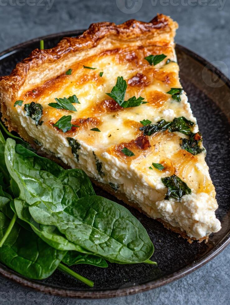 Slice of spinach and feta quiche on a dark plate photo