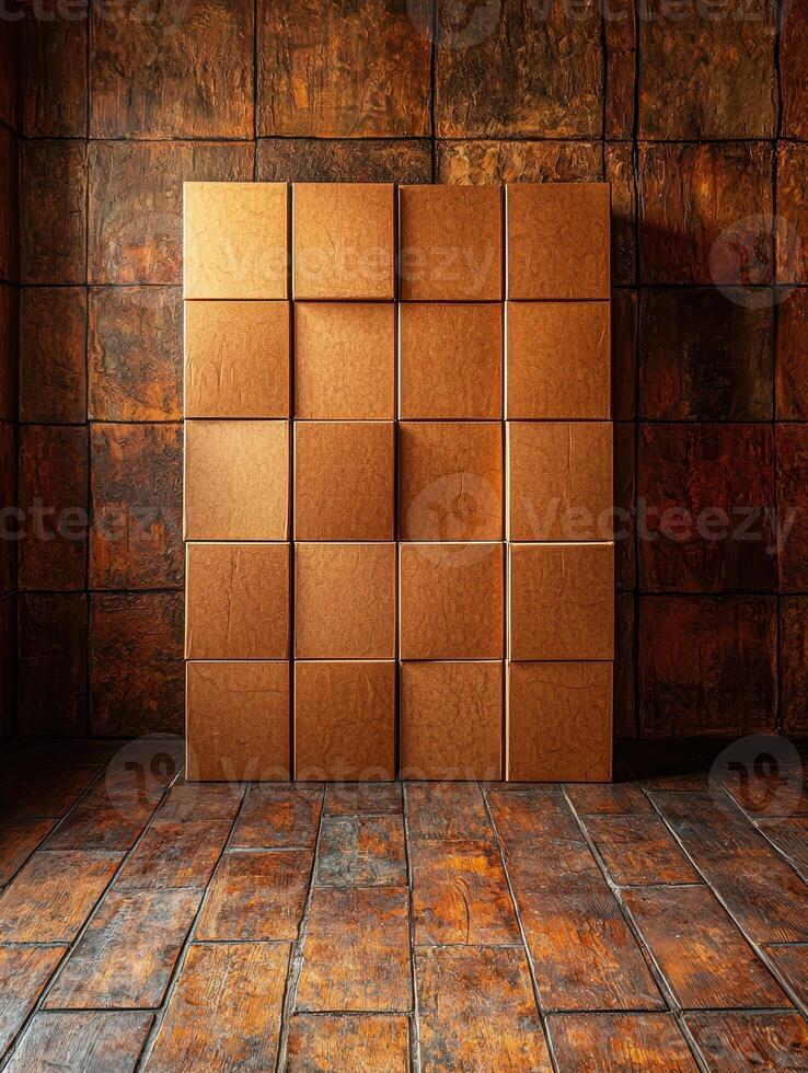 Brown cardboard boxes arranged as a wall in a rustic room photo
