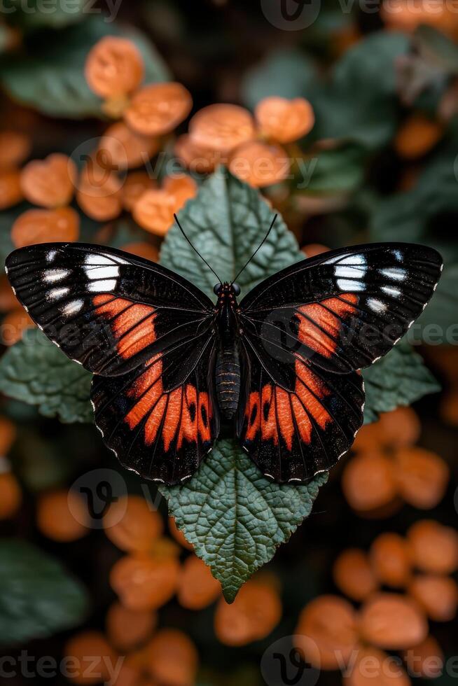 Closeup of a black and orange butterfly on a leaf photo