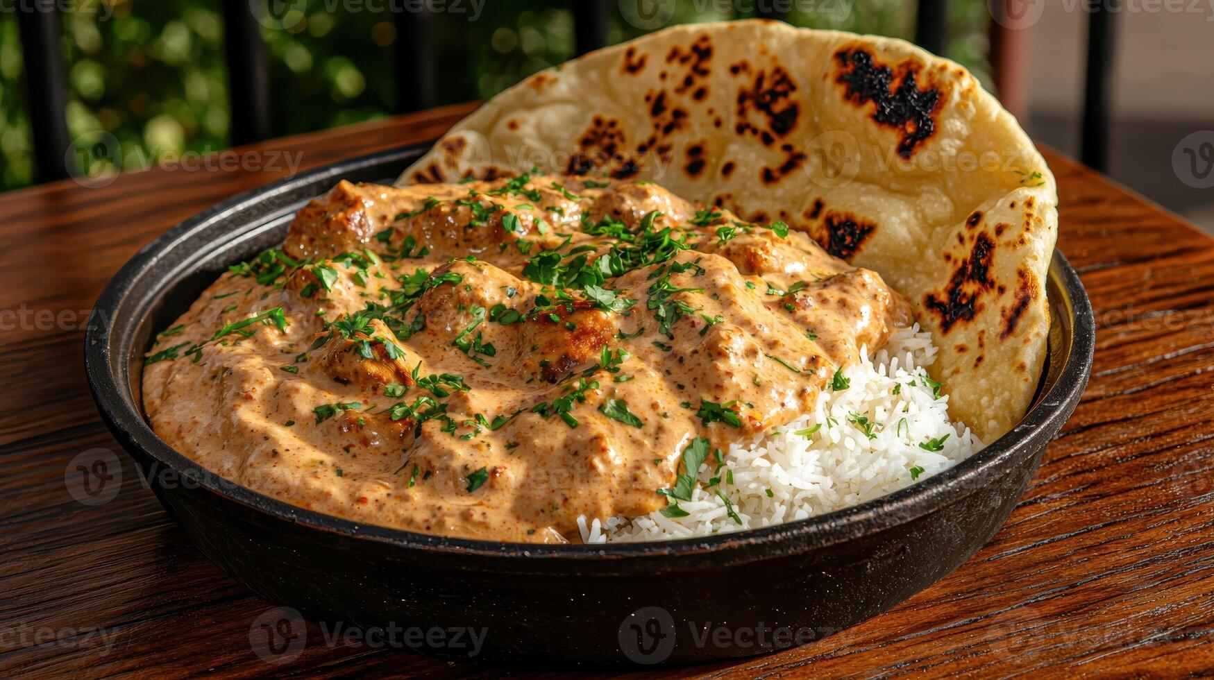 tasty butter chicken with rice and naan bread. photo