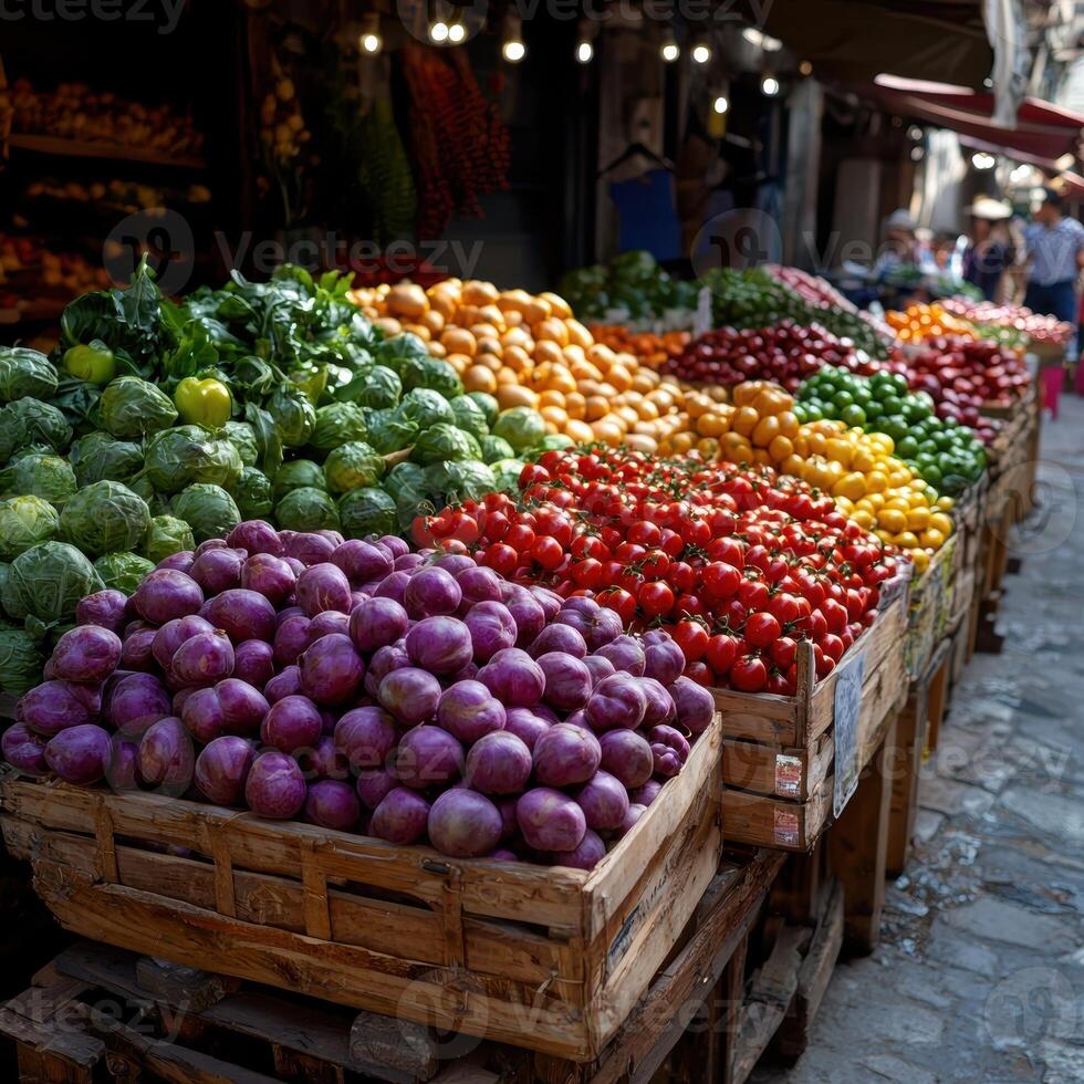 Vibrant colorful fruits and vegetables at a farmers market photo