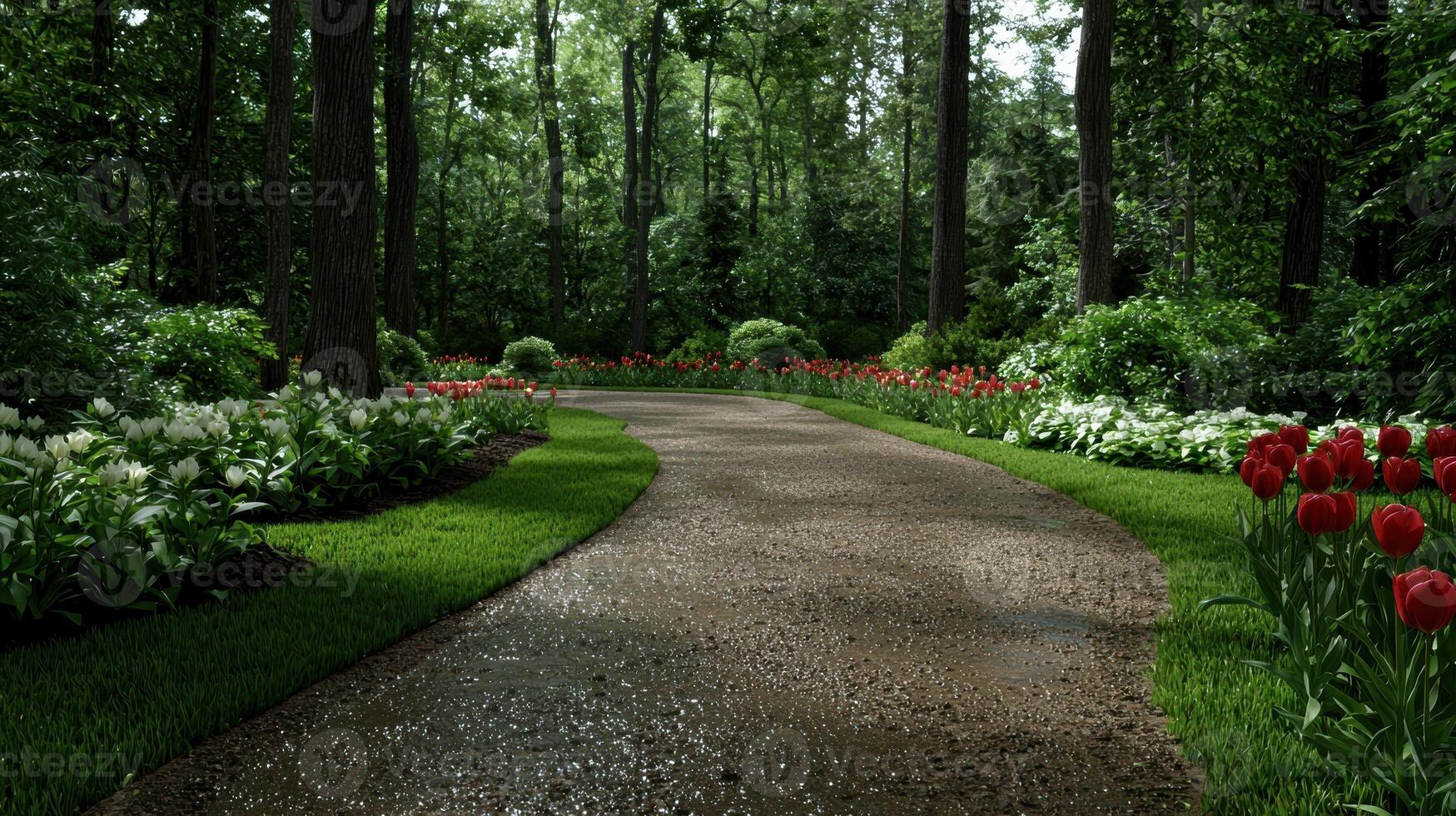 A gravel pathway winds through a lush forest garden, lined with vibrant tulips and other flowers photo