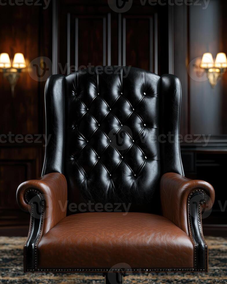 Luxurious brown and black leather executive chair in a classic office setting photo