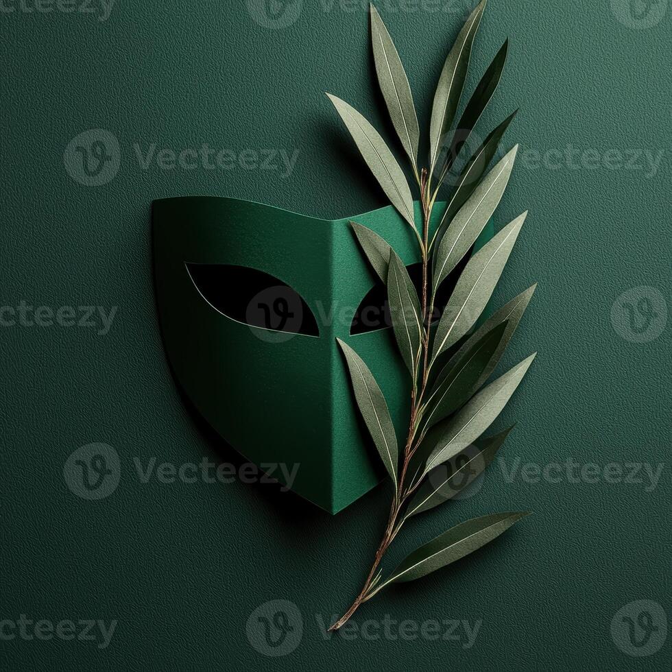 Green masquerade mask with olive branch photo