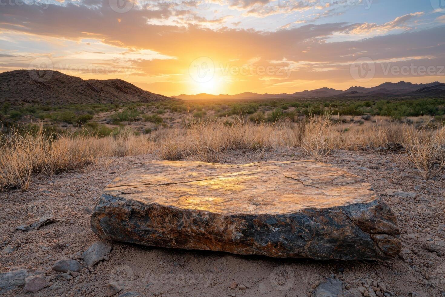 Sunset over desert landscape with large rock in foreground photo