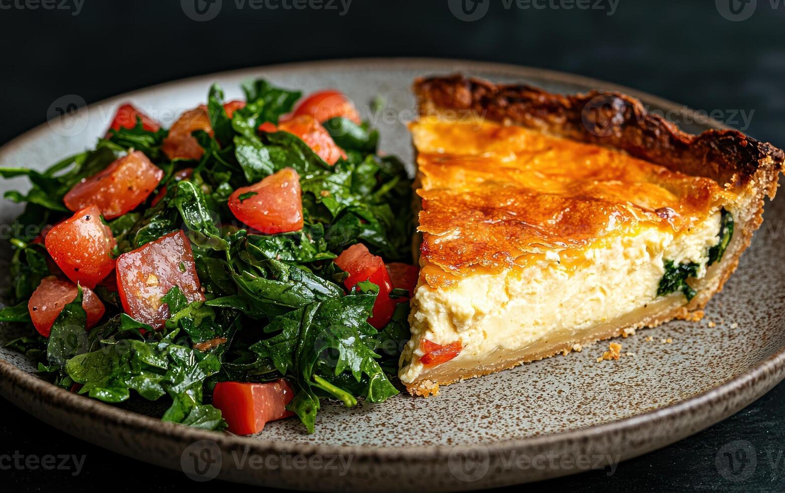 A slice of quiche with a side salad. photo