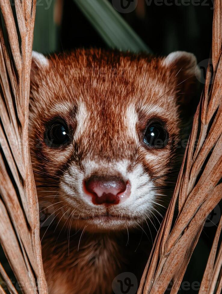Closeup of an adorable ferret peeking through palm fronds photo