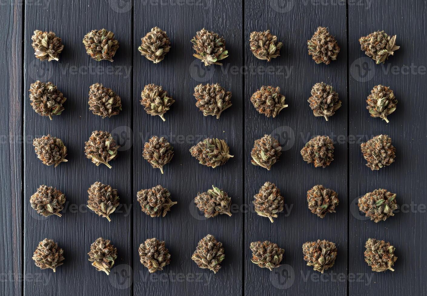 Overhead view of cannabis buds arranged in rows on a dark wooden surface photo