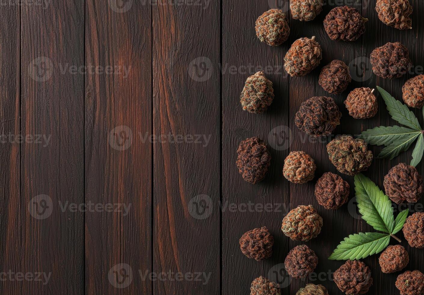 Dried cannabis buds and leaves on dark wood background photo